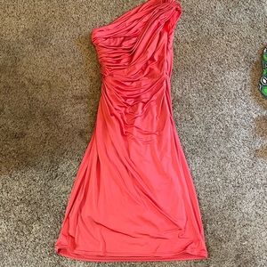 Tadashi Shoji one shoulder coral midi dress Greek goddess draping!
